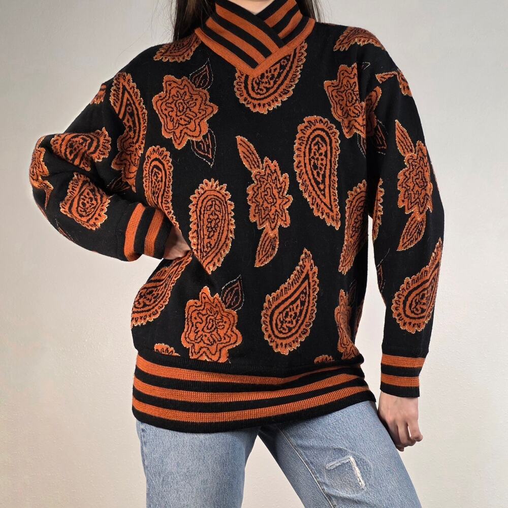Vintage Obermeyer Paisley Sweater Black Orange Metallic Crossover Neck Medium